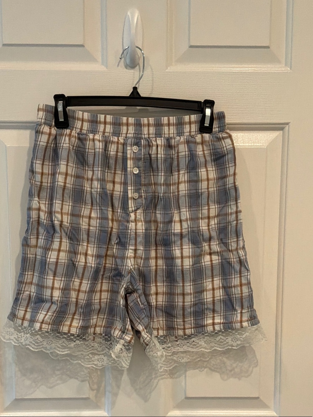 Urban Outfitters Plaid Lounge Shorts with Lace Trim - Blue & Brown